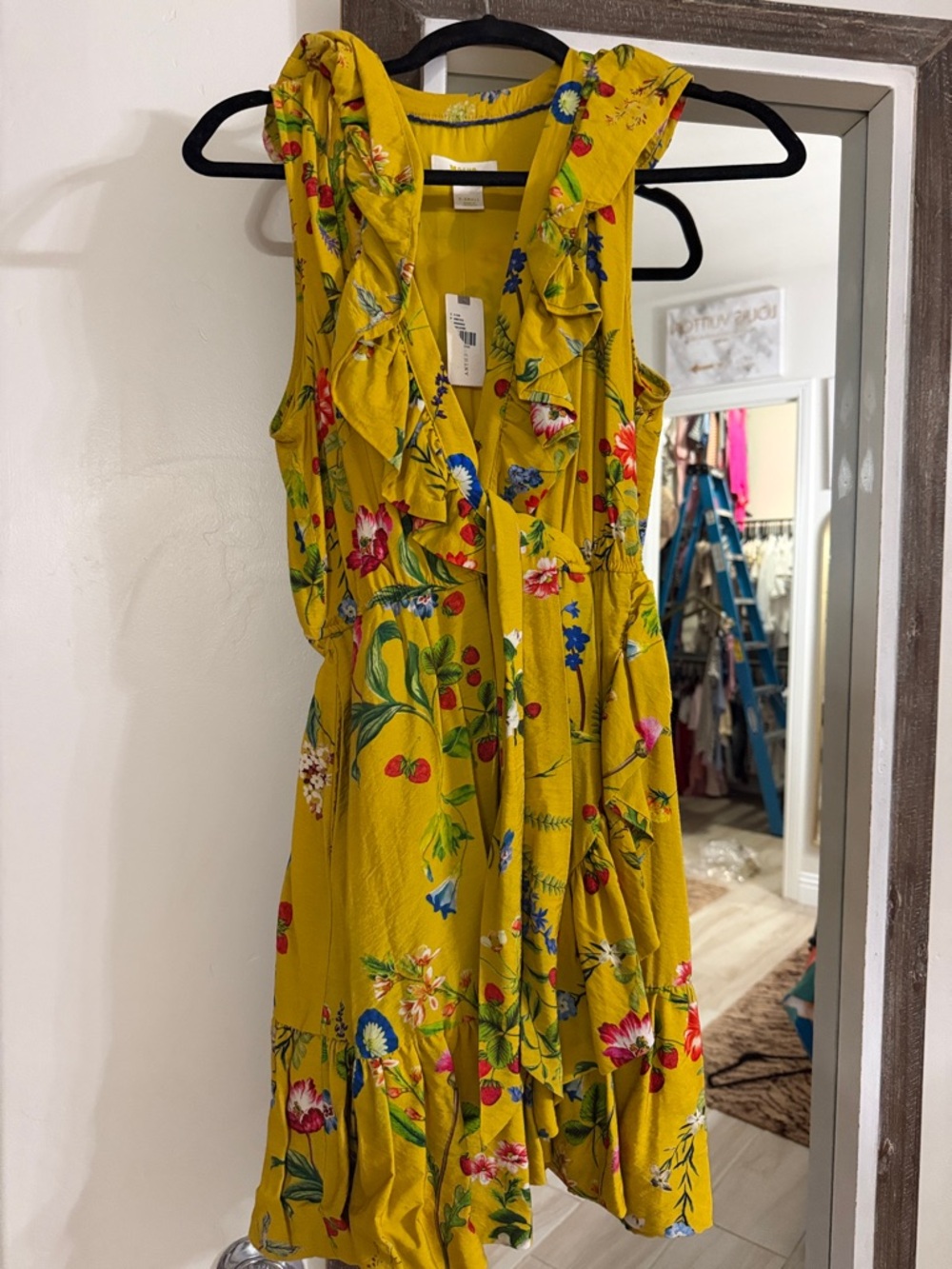 Anthropologie Maeve Yellow Floral Blouse with Blue Trim